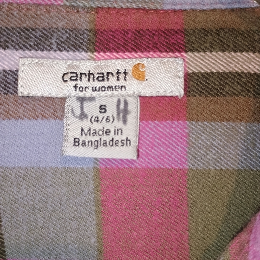 Carhartt Women’s Plaid Flannel Shirt Small Pink Green Double Pocket Outdoor Work - Picture 4 of 10